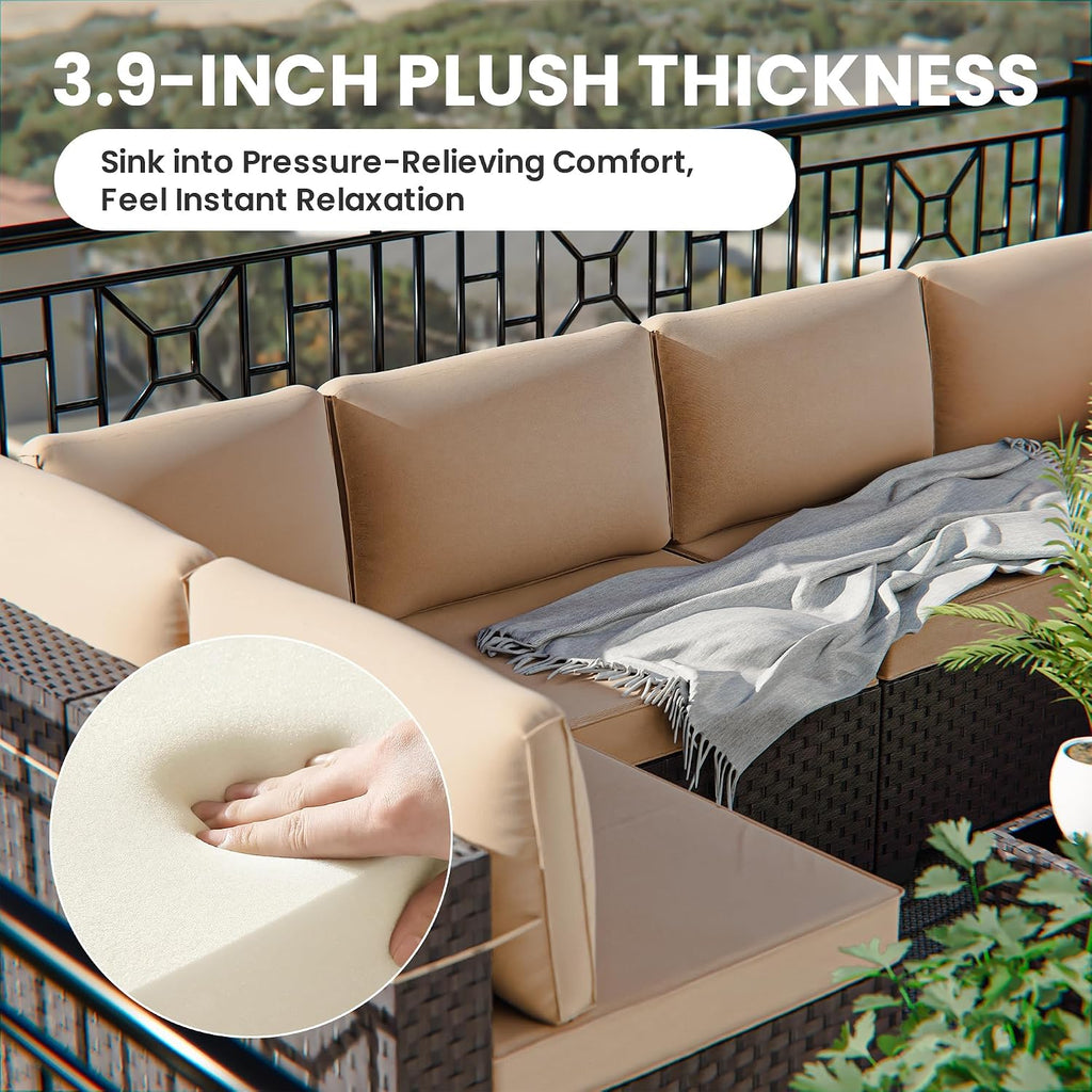 8 Pieces Outdoor Patio Furniture Set,Outdoor Sectional Furniture with 43' 55000 BTU Gas Propane Fire Pit Table,All Weather PE Rattan Wicker Patio Conversation Set,Sand