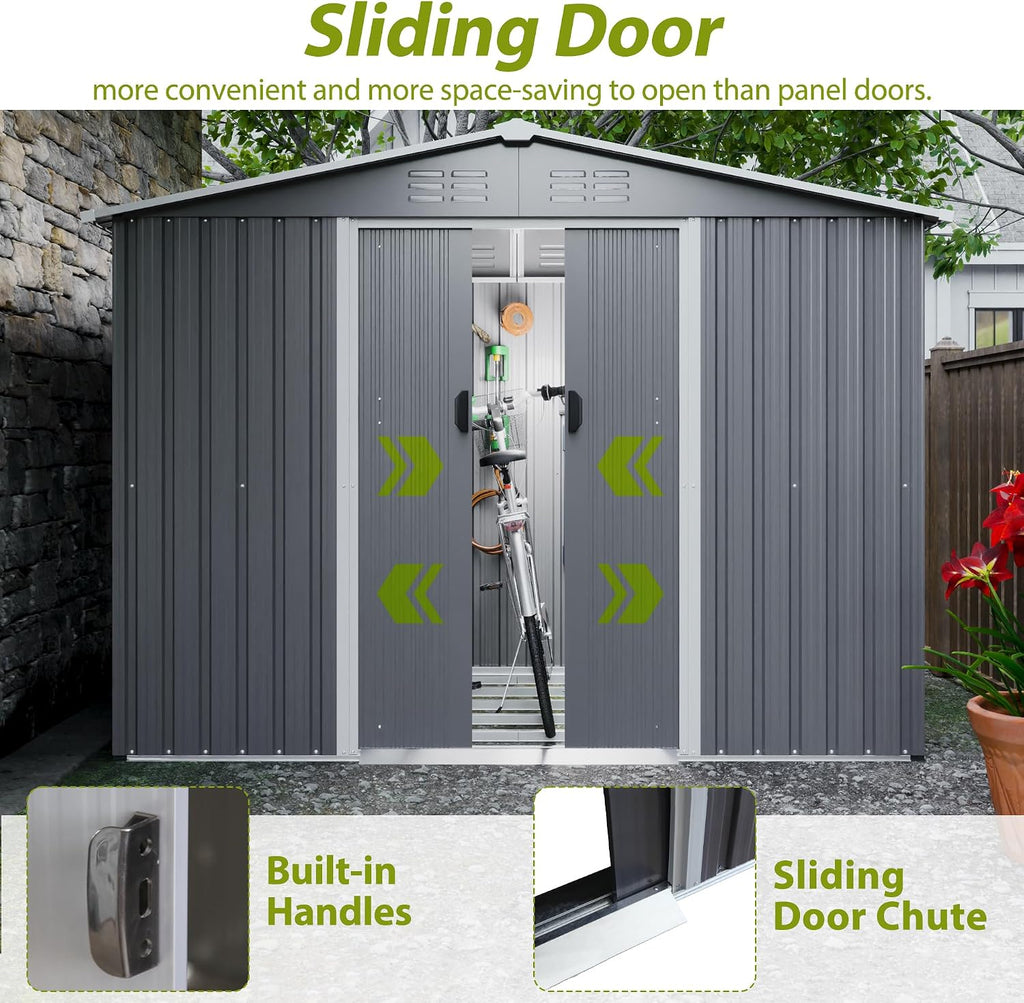 8x6 ft Outdoor Metal Storage Shed with Sliding Door, Heavy-Duty Weather Resistant Steel Garden Shed with Floor Base Kit Included