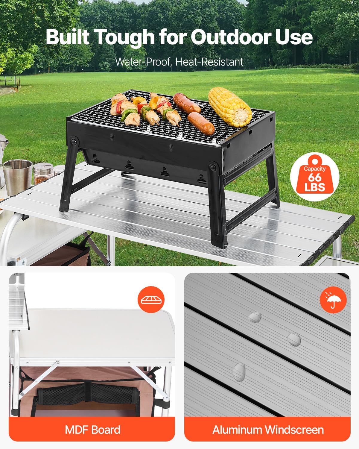 VEVOR Camping Kitchen Table, Folding Outdoor Cooking Table with Storage Carrying Bag, Aluminum Cook Station 1 Cupboard & Detachable Windscreen, Quick Set-up for Picnics, BBQ, RV Traveling, Brown