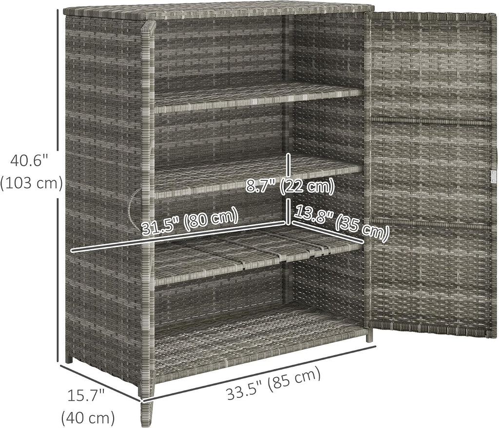 Outsunny Wicker Outdoor Storage Cabinet with Shelves, 4-Shelf Outdoor Pool Towel Cabinet with Two Doors, Rattan Patio Storage Shelves for Garden, Backyard, Porch, Mixed Gray