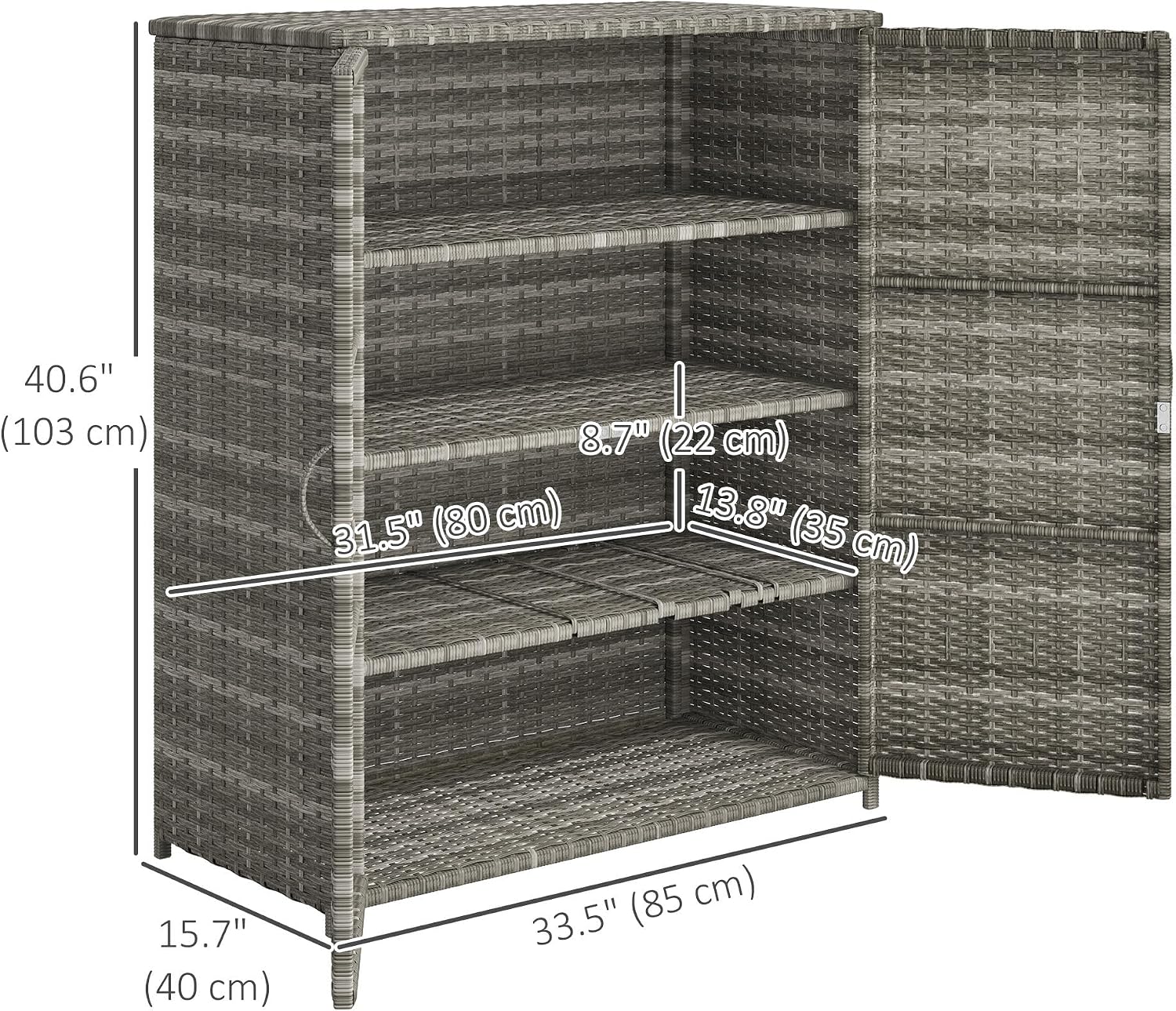 Outsunny Wicker Outdoor Storage Cabinet with Shelves, 4-Shelf Outdoor Pool Towel Cabinet with Two Doors, Rattan Patio Storage Shelves for Garden, Backyard, Porch, Mixed Gray