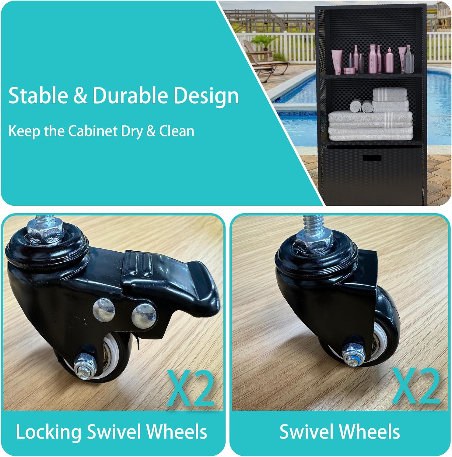 HOOYEAH Pool Towel Rack Outdoor, Waterproof PE Plastic Rattan Wicker Pool Storage Bins Storage Cabinet Organizer, Poolside Towel Caddy with Rolling Wheels for Hot Tub Spa Accessories,Grey
