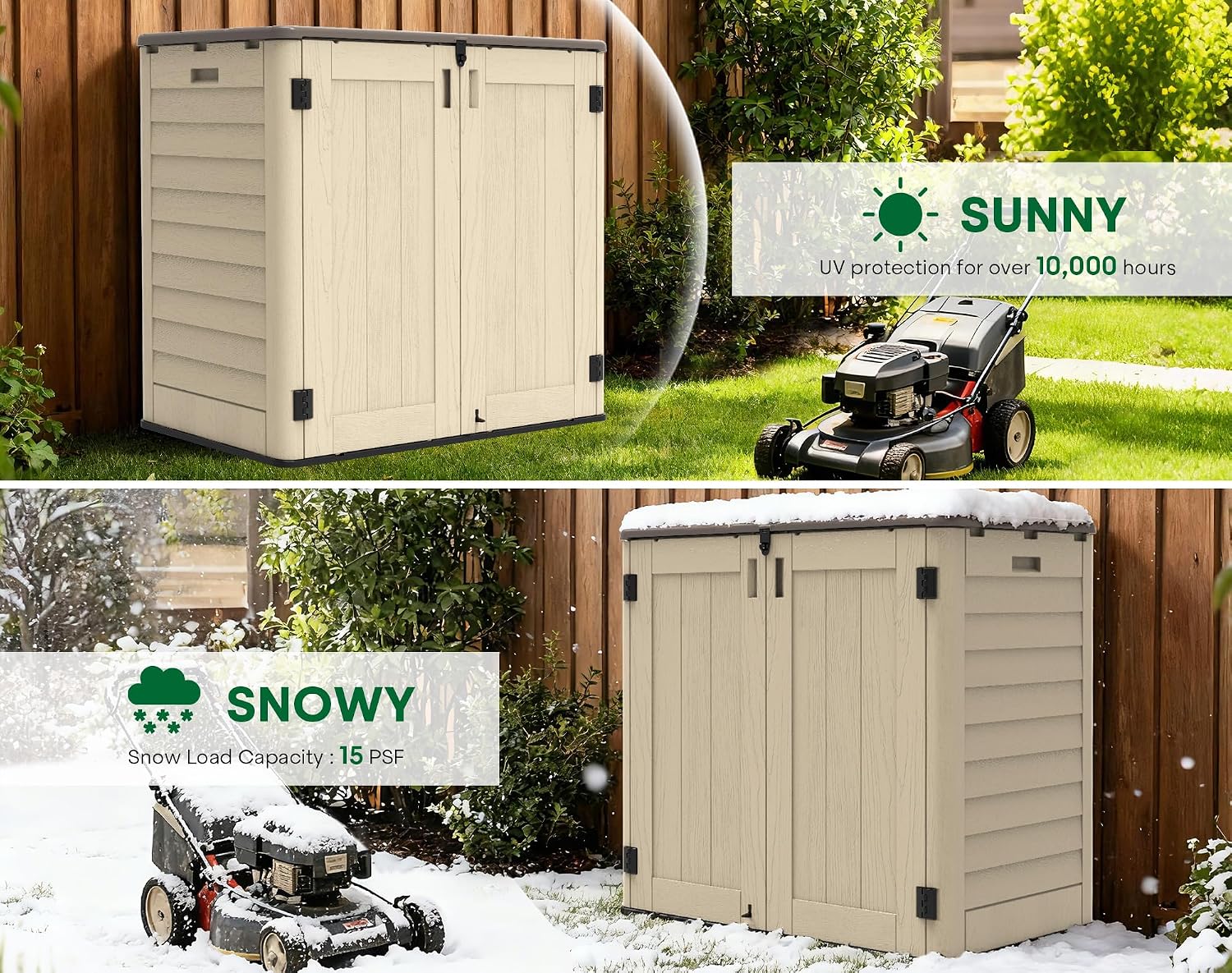 Outdoor Storage Shed, 30 Cu Ft Waterproof Horizontal Resin Storage Cabinet, Weather-Resistant Garden Shed Trash Can Storage with Pad-Lockable Doors for Backyards (Khaki)