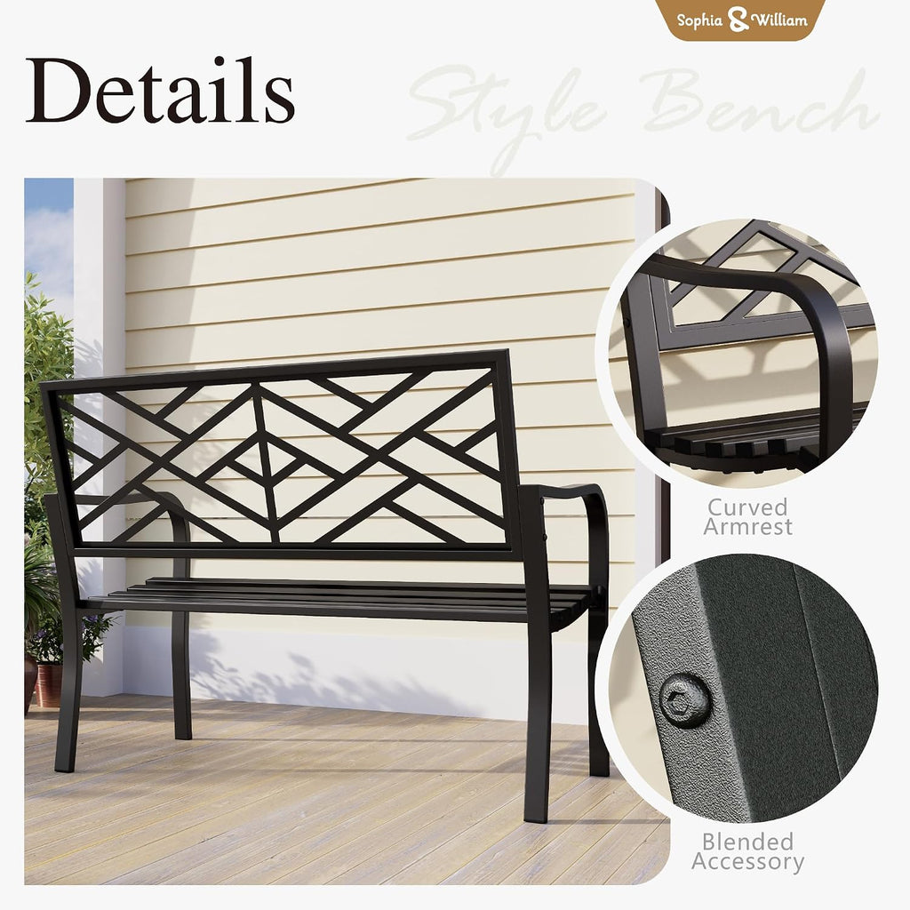 Sophia & William Outdoor Metal Bench Patio Garden Bench, Cast Iron Park Benches for Outside with Minimalist Backrest, Black