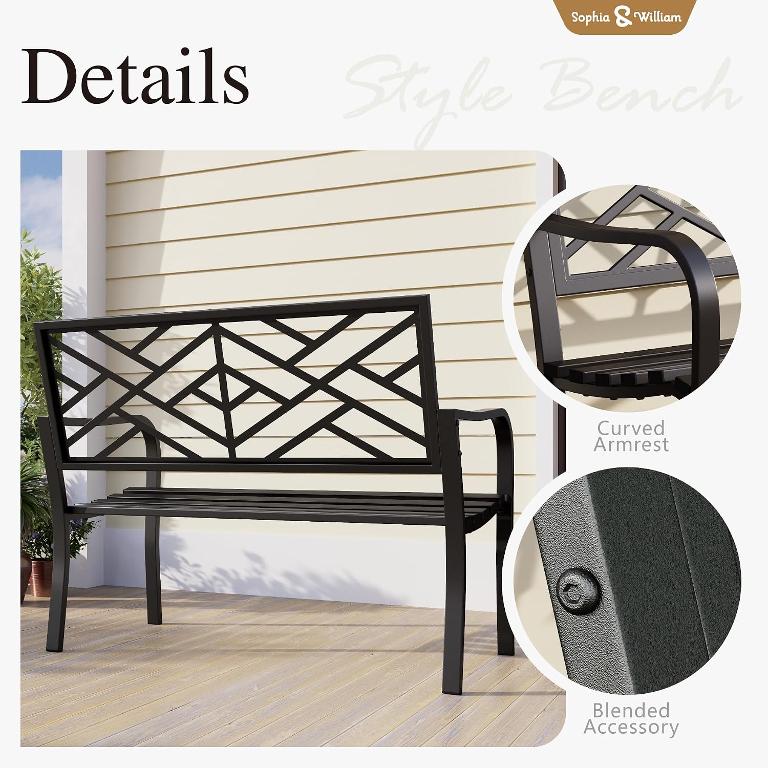 Sophia & William Outdoor Metal Bench Patio Garden Bench, Cast Iron Park Benches for Outside with Minimalist Backrest, Black