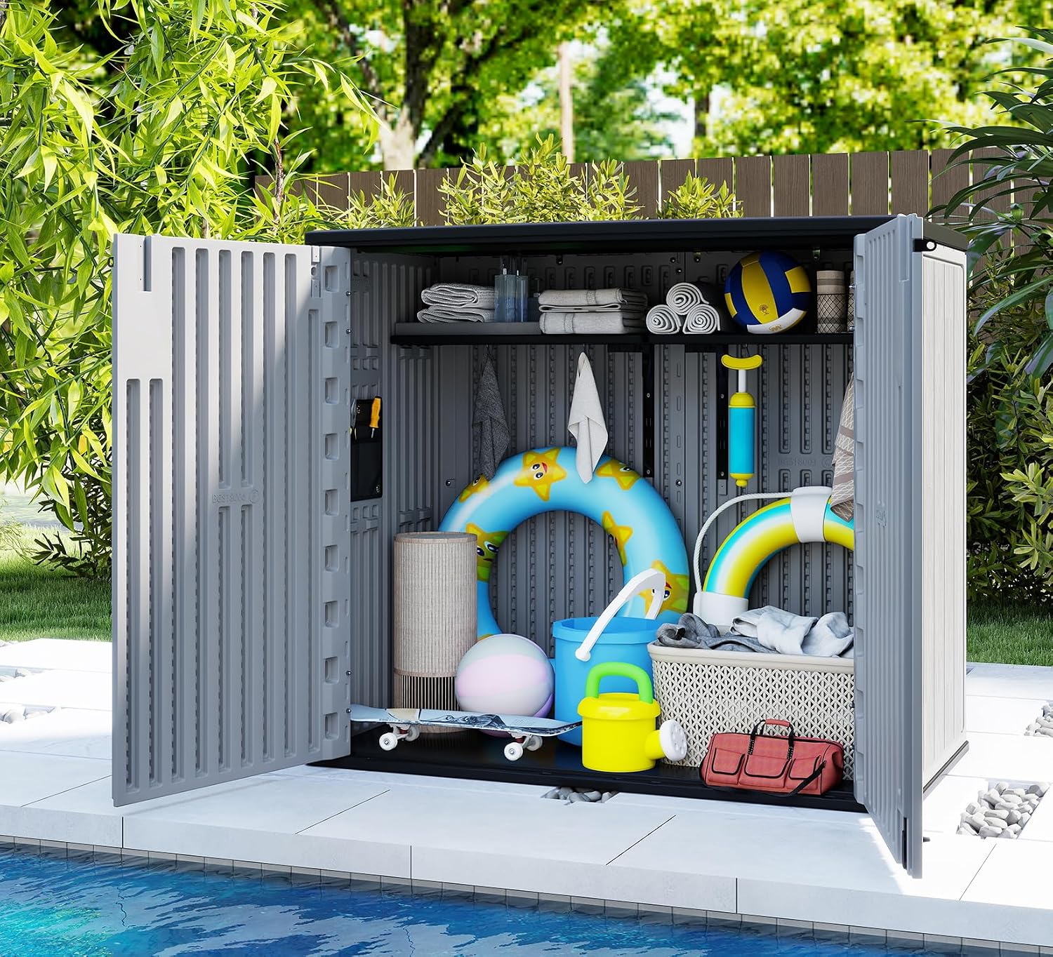 ZZM 37 Cu.ft Outdoor Storage Cabinet with One Tool Kit, Horizontal Storage Shed for Garage, Bike, Garbage Cans, Garden Accessories