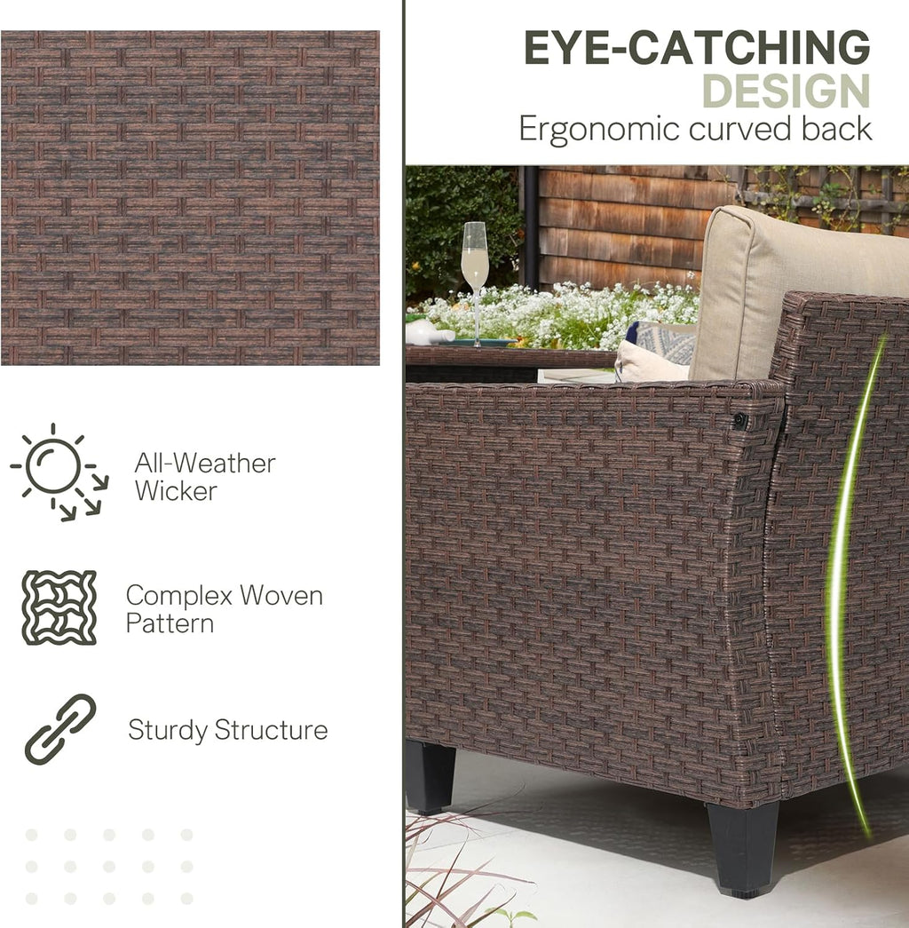 SUNSITT Outdoor Patio Furniture Set 4 Piece Wicker Conversation Set with Lift Coffee Table Sectional Dining Set 3 Seat Sofa Couch with Club Chair, Brown Wicker & Beige Cushion