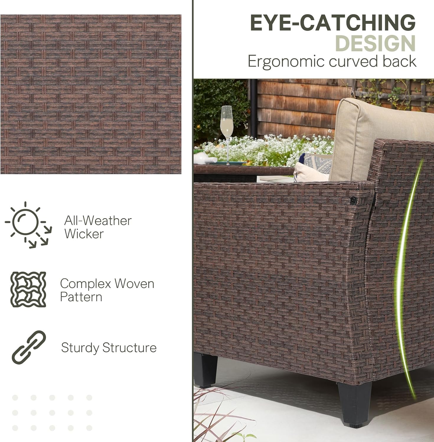 SUNSITT Outdoor Patio Furniture Set 5 Piece Wicker Conversation Set with Ottoman 3 Seat Sofa Couch with Club Chair, Brown Wicker & Beige Cushion
