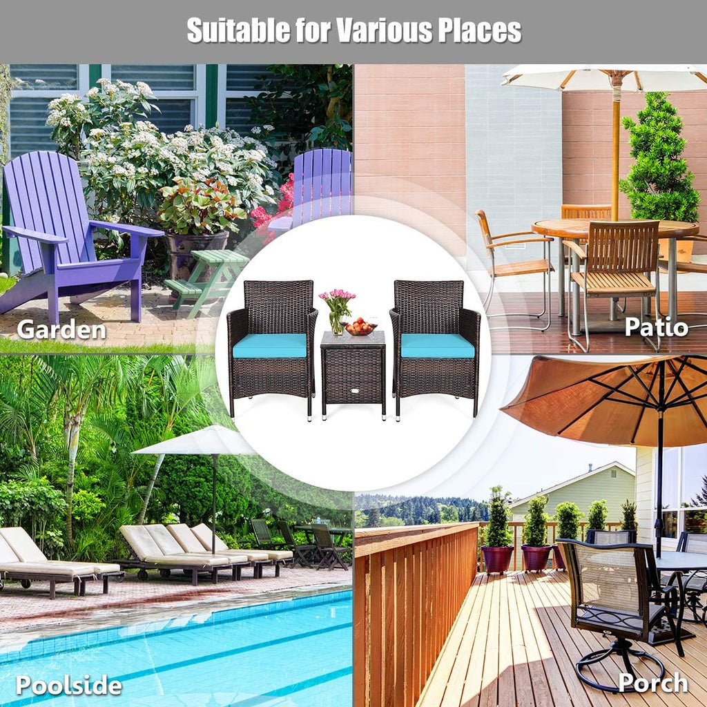 COSTWAY 3 PCS Patio Furniture Set, Outdoor Wicker Conversation Set with Tempered Glass Coffee Table, Seat Cushions, Rattan Wicker Chairs for Poolside Balcony Porch Backyard, Blue