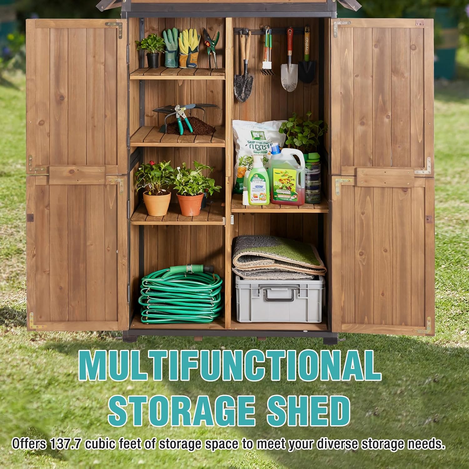Sheds Outdoor Storage,Garden Shed with Metal Frame Structure and Adjustable Shelves,Large Capacity Storage Tool Cabinet Box for Backyard Garden Patio Lawn (Brown)