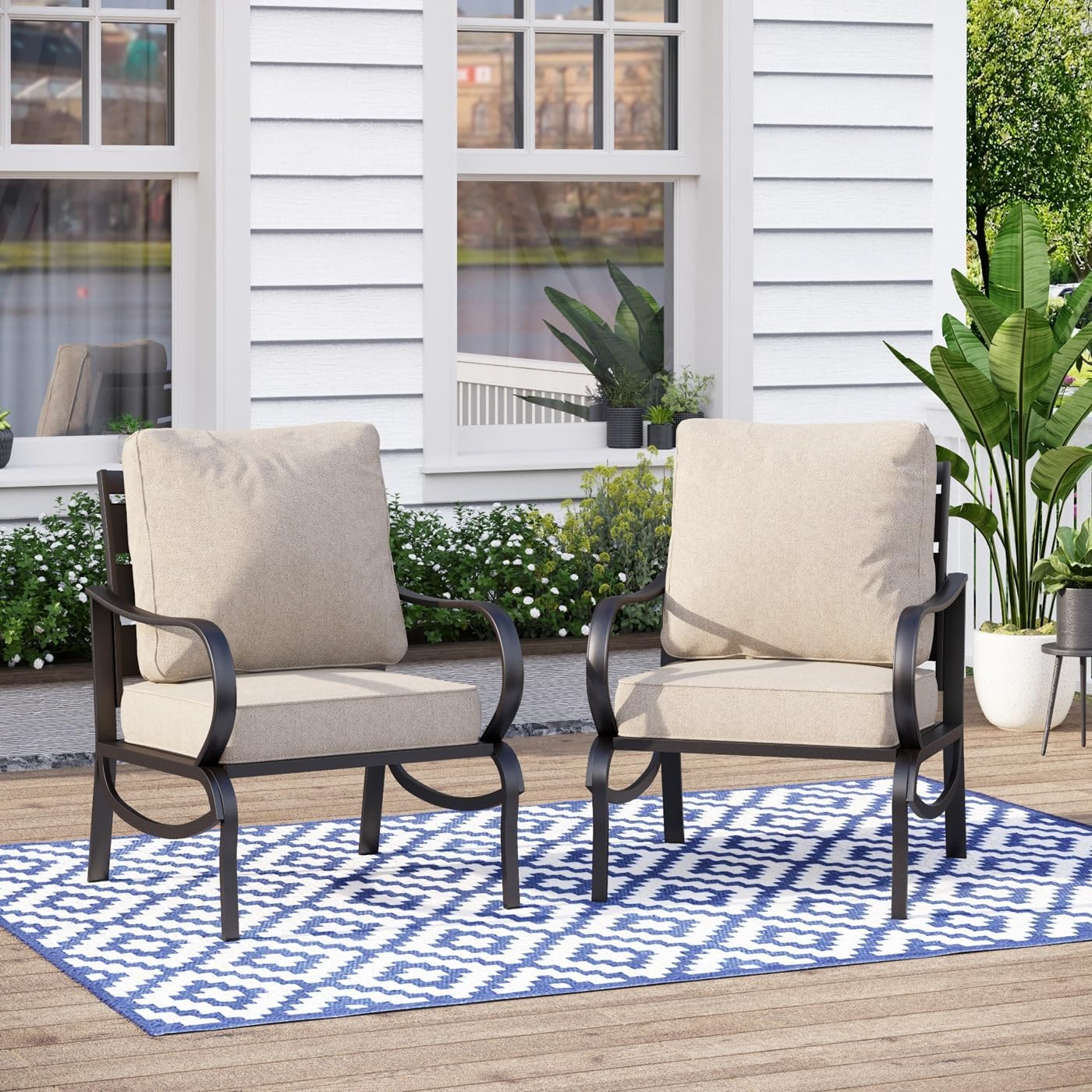 MFSTUDIO Metal Patio Conversation Sets, Outdoor Furniture Sofas Set of 2, 2 Pieces Durable Steel Frame Patio Chairs with 5.8' Beige Cushions for Patio Garden Backyard Balcony