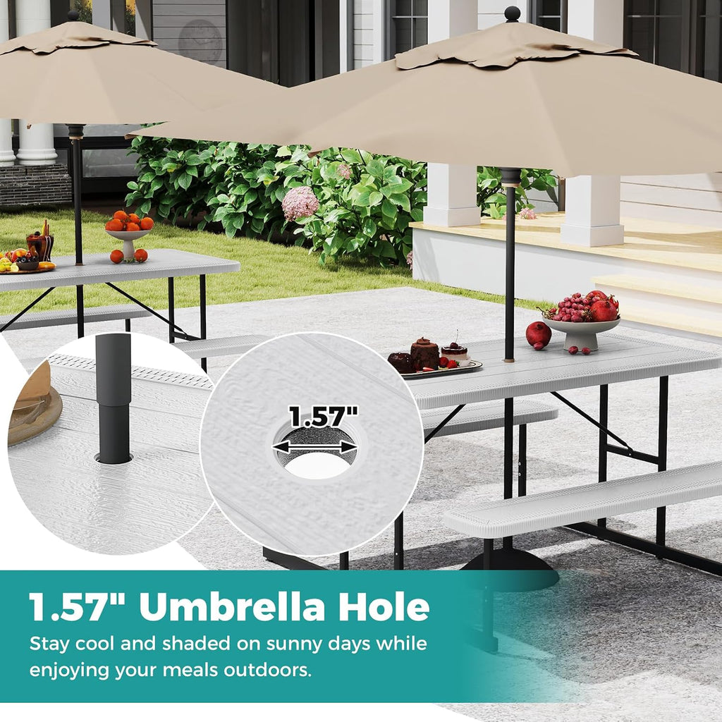 Giantex Picnic Table Bench Set for 4 People, 4.5FT Outdoor Rectangular Dining Table & 2 Benches w/Umbrella Hole, HDPE Tabletop, Metal Frame, Patio Garden Backyard Poolside (4.5FT,Non-Foldable,White)