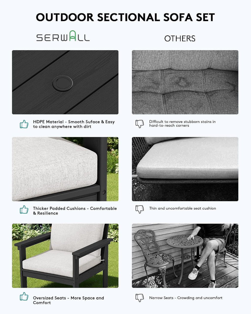 SERWALL HDPE Patio Furniture Set, 7-piece Outdoor Sectional Sofa Set, All Weather Outdoor Couch Set for Deck, Lawn, Black Frame with Khaki Cushion