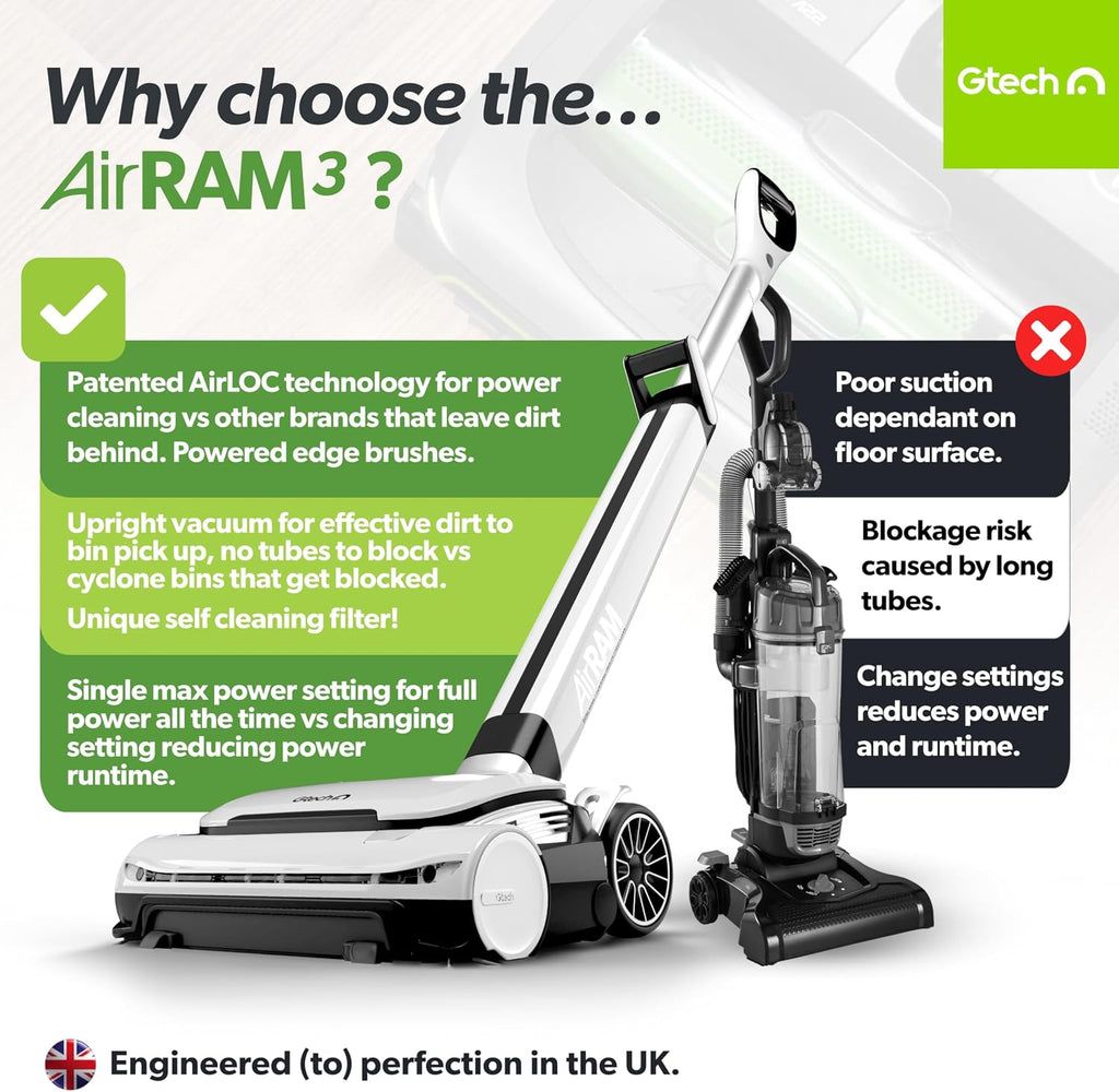 Gtech AirRAM 3 Cordless Vacuum Cleaner with Anti-Hair Wrap Bar - Dual Edge-Clean Brushes - Perfect for Carpet and Hardwood Floors - Rechargeable 22v Li-ion Battery - Lightweight - New Model/Red Thread