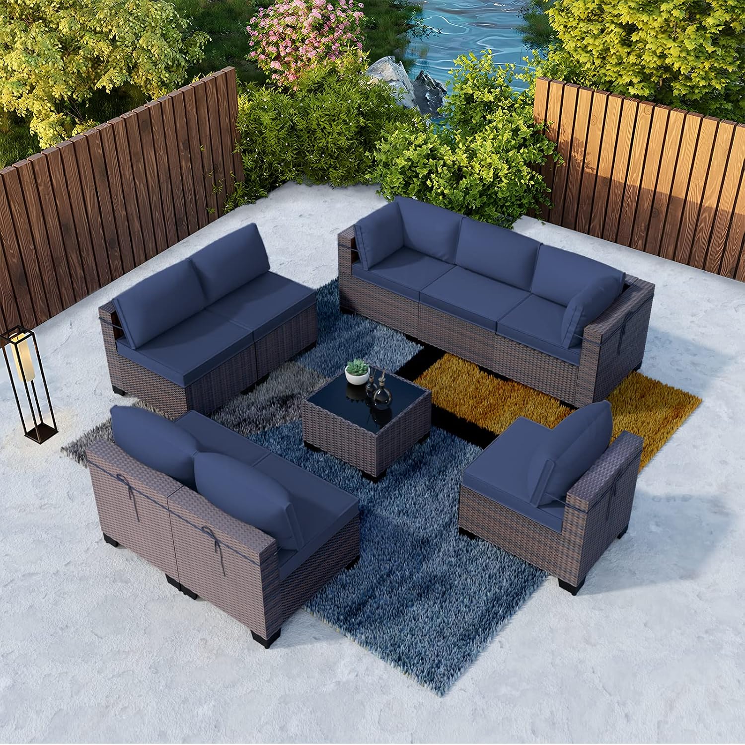 Kullavik 9 Pieces Outdoor Patio Furniture Set,Outdoor Sectional Rattan Sofa Set Brown PE Rattan Wicker Patio Conversation Set with Tempered Glass Coffee Table and Washable Cushions Covers,Navy Blue