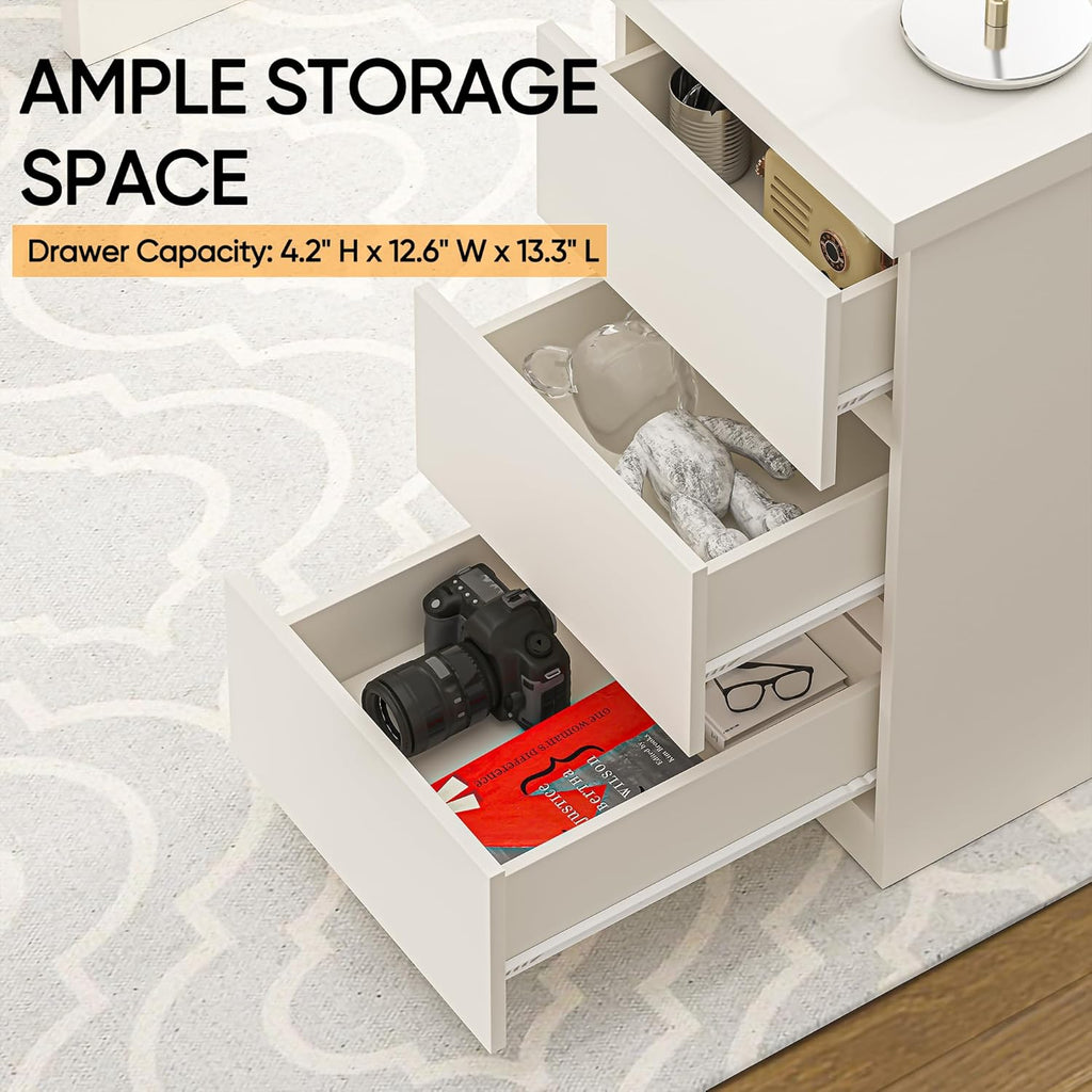 furtble White Desk with Drawers, 47'' W Home Office Desk Gaming Table, Modern Vanity Desk with Storage, Wood Computer Desk Writing Workstation for Bedroom, Living Room