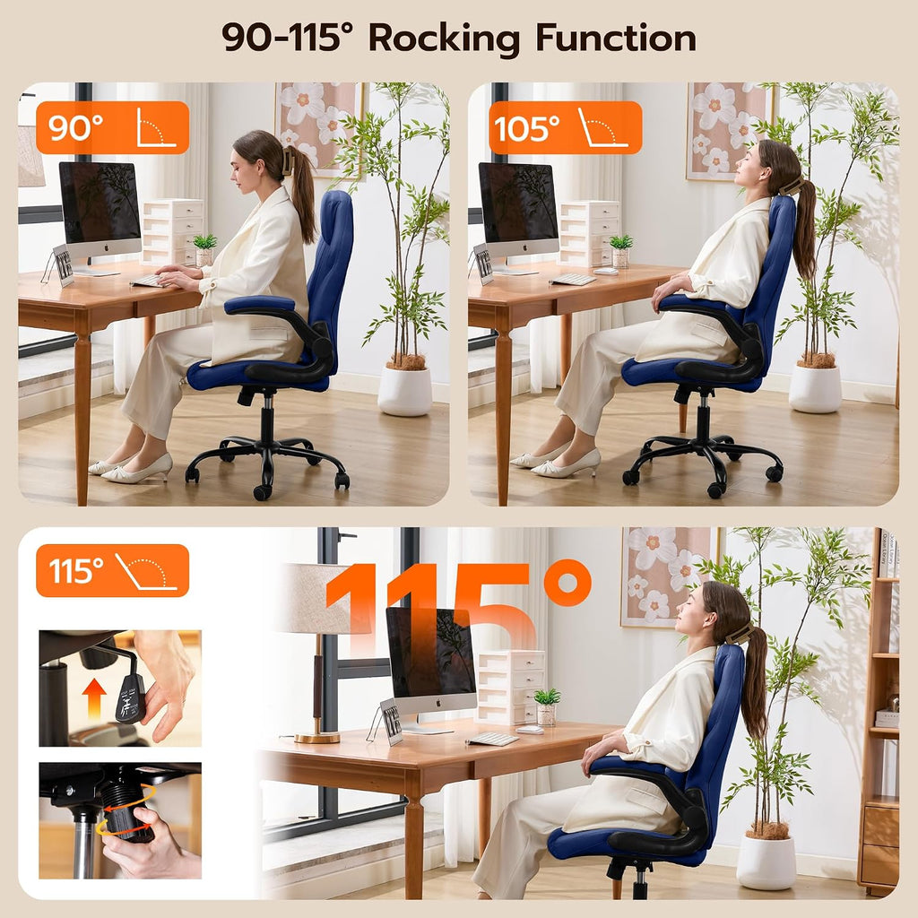 Ylzyxal Office Desk Chair, Ergonomic Computer Chair with Padded Flip-Up Arms and Adjustable Lumbar Support, PU Leather Executive Chair with Tilt Lock and 360° Swivel Rolling Wheels for Work, Study