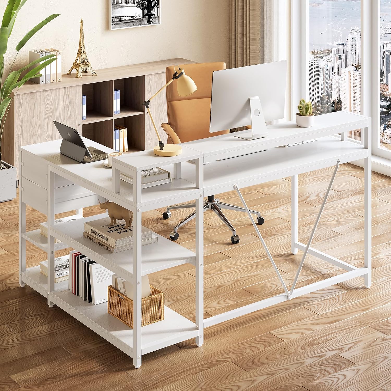 LITTLE TREE 55-Inch L-Shaped Computer Desk, Reversible Computer Desk with Drawers and Storage Shelves, Corner Desk Gaming Desk Work Desk for Home Office, White