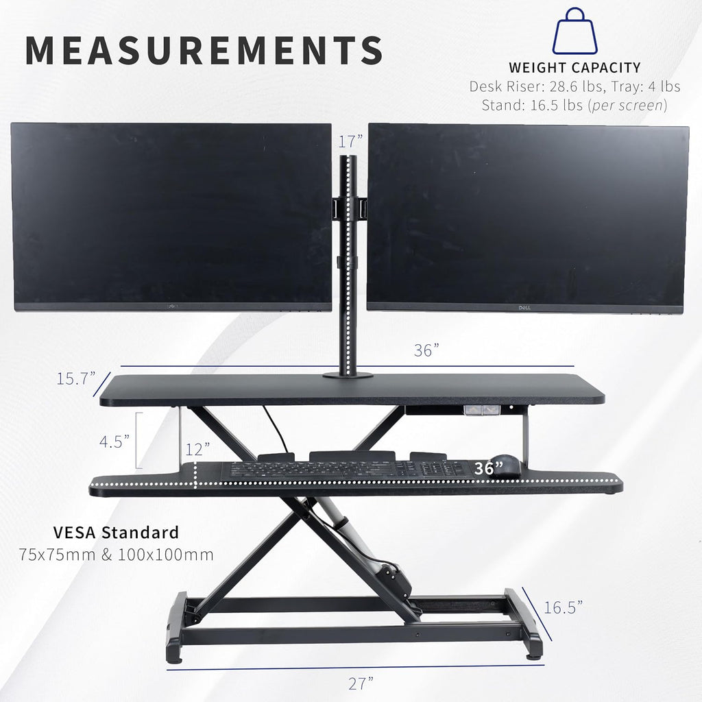 VIVO Electric Height Adjustable 36 inch Standing Desk Converter with Dual Monitor Stand for 13 to 30 inch Screens, Sit Stand Monitor Mount and Desk Riser, Black, DESK-KIT-VE36B2