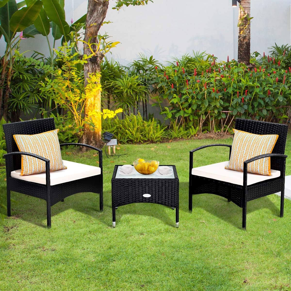 HAPPYGRILL 3PCS Patio Furniture Set Rattan Wicker Bistro Set with Glass Coffee Table & Soft Cushions for Balcony Garden Poolside