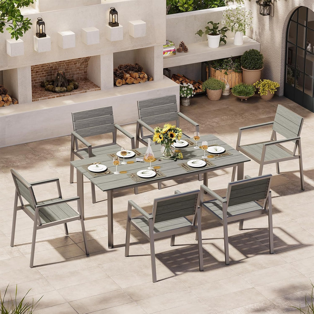 67' Rectangle HDPS Patio Dining Table, Aluminum Outdoor Patio Dining Table with Umbrella Hole, Weather-Resistant for Lawn, Garden, Yard, Poolside and Indoor Use (Gray & Teak)