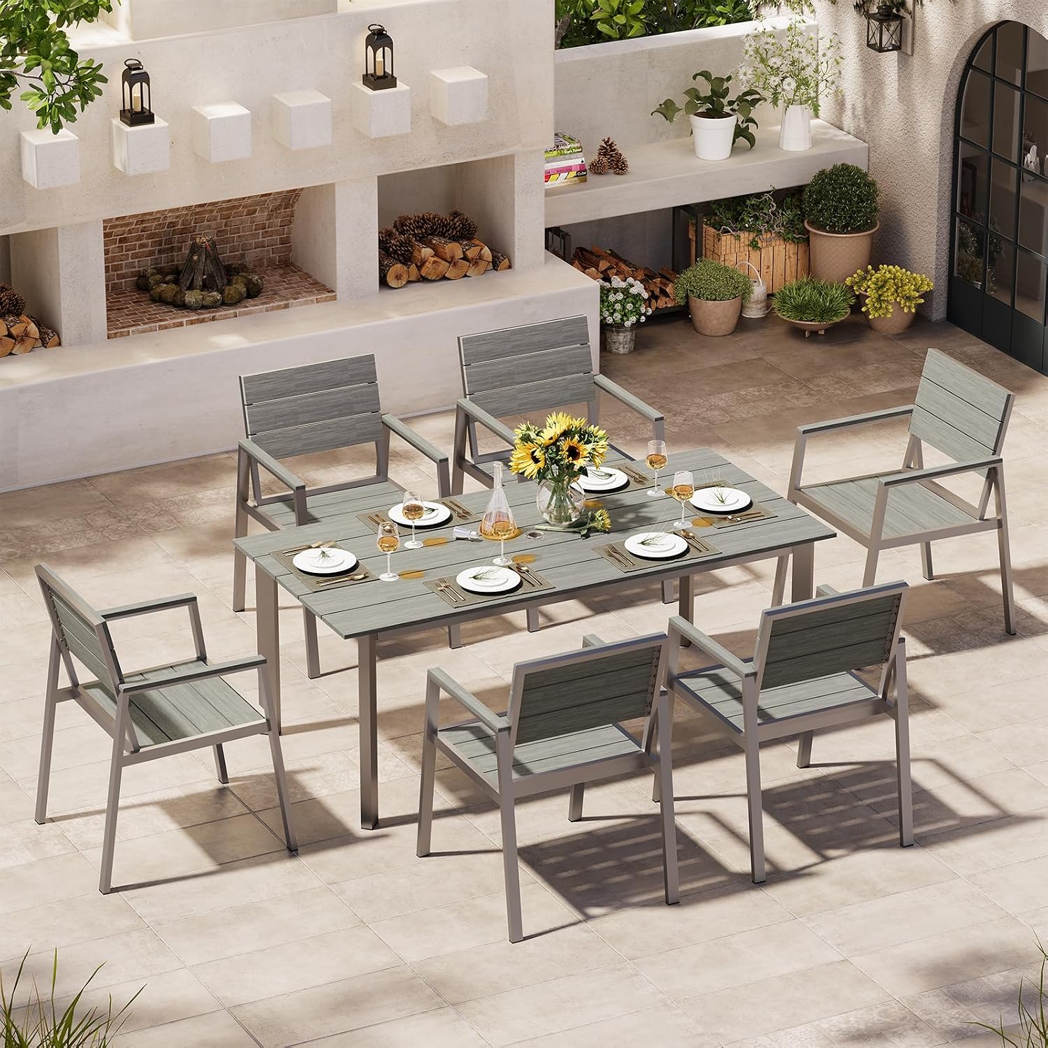 67' Rectangle HDPS Patio Dining Table, Aluminum Outdoor Patio Dining Table with Umbrella Hole, Weather-Resistant for Lawn, Garden, Yard, Poolside and Indoor Use (Gray & Teak)
