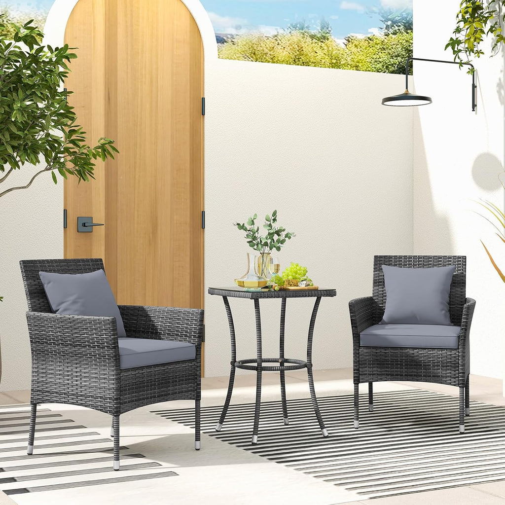 RELAX4LIFE 3-Piece Patio Furniture Set - Rattan Wicker Outdoor Furniture w/Cushions & Tempered Glass Coffee Table, Small Conversation Bistro Table and Chairs Set of 2 for Garden Porch Balcony (Grey)