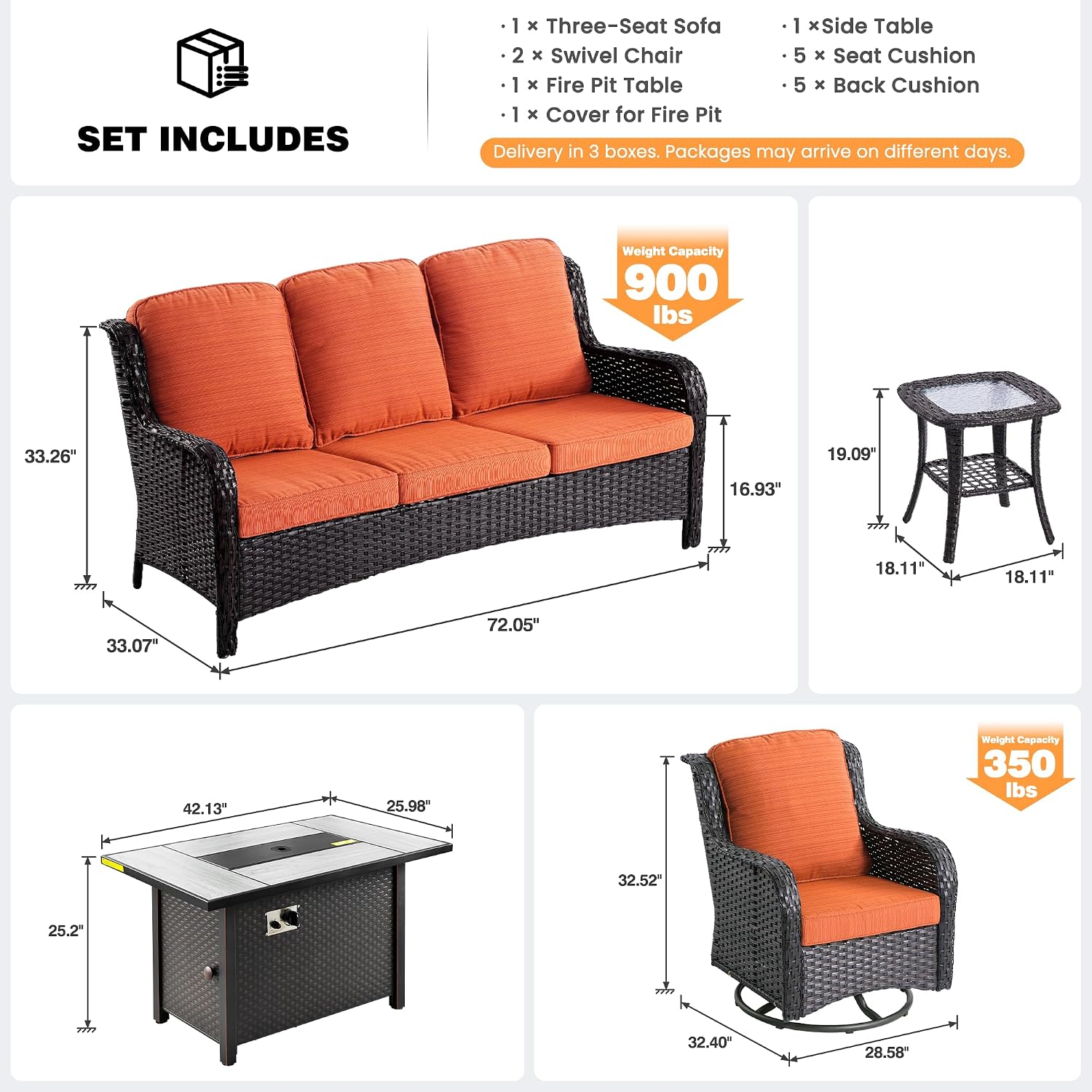 ovios 5-Piece Patio Furniture Set with Swivel Chairs Side Table, Outdoor Wicker Sofa with 42' Fire Pit Table, High Back Couch Modern Conversation Sets, Brown/Orange Red