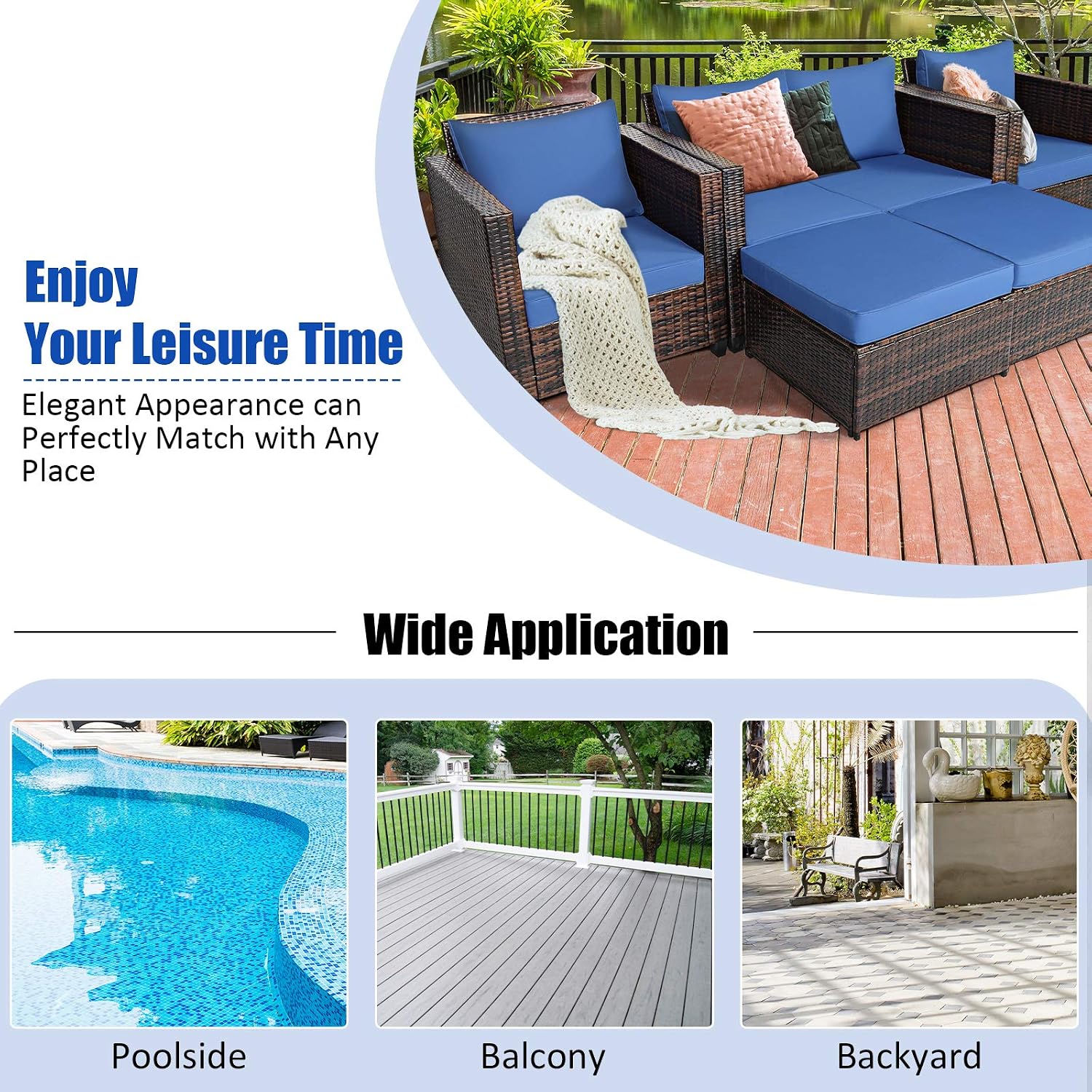 Tangkula 5 Pieces Rattan Patio Furniture Set, Outdoor Sectional Wicker Sofa Set with Loveseat, 2 Single Sofas, 2 Ottomans & Removable Cushions, Outside Daybed Sofa for Yard, Garden, Poolside (Navy)