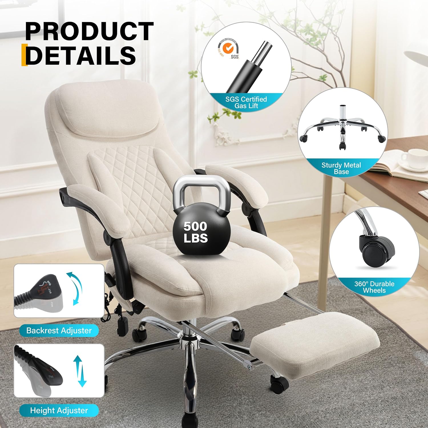 6-Point Massage Office Chair with Heated, Ergonomic Office Chair with Footrest & 45°Reclining High Back, Big and Tall Executive Office Chair 500LBS, Thick Cushion Desk Chair for Home Office, Beige