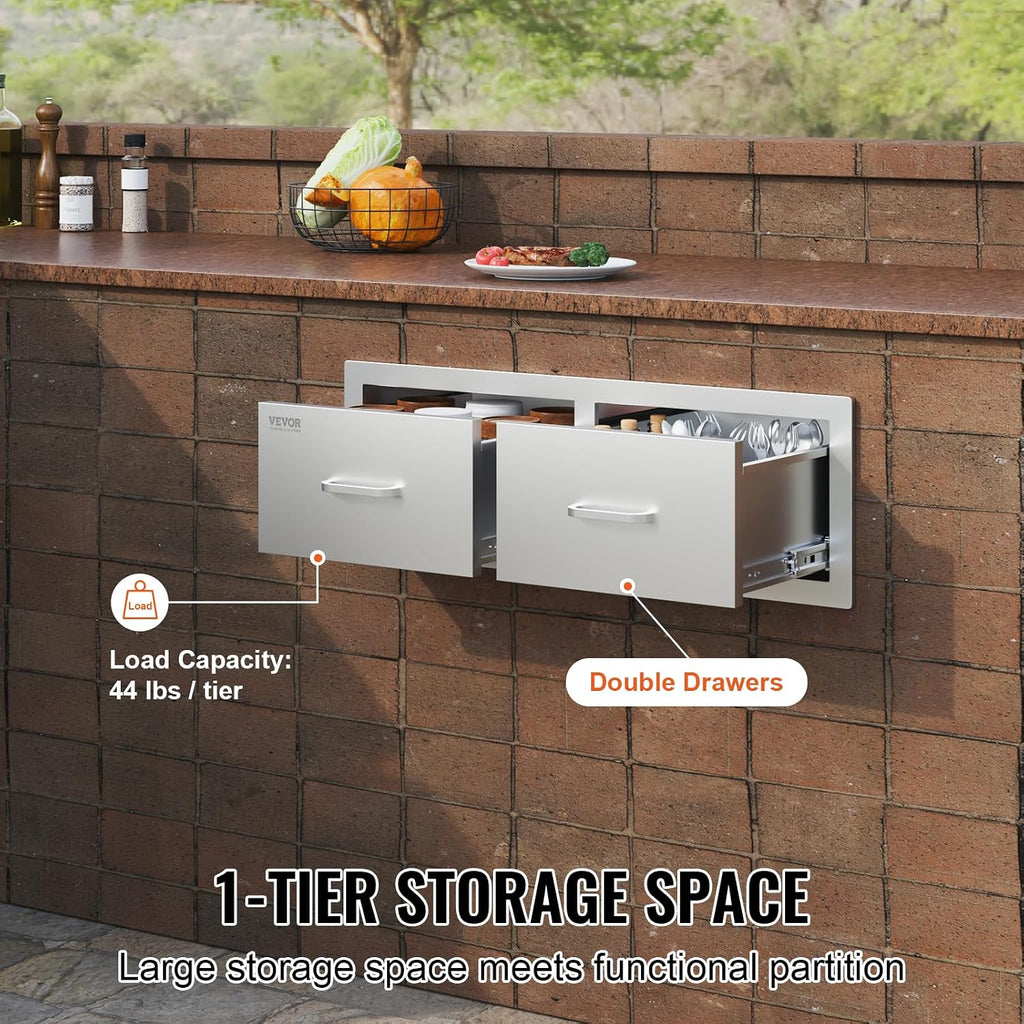 VEVOR Outdoor Kitchen Drawers 30' W x 10' H x 20' D, Horizontal Double BBQ Access Drawers Stainless Steel with Handle, BBQ Island Drawers for Outdoor Kitchens or Patio Grill Station