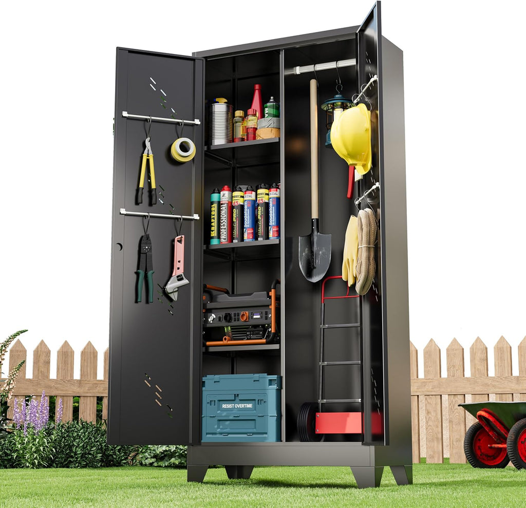 Metal Storage Cabinet 71' H, Garege Storage with Stainless Steel Bottom, Black Cleaning Supplies Organization Cabinet with Lockable Doors and Hanging Rod for Outdoor, Home Office