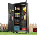 Metal Storage Cabinet 71' H, Garege Storage with Stainless Steel Bottom, Black Cleaning Supplies Organization Cabinet with Lockable Doors and Hanging Rod for Outdoor, Home Office
