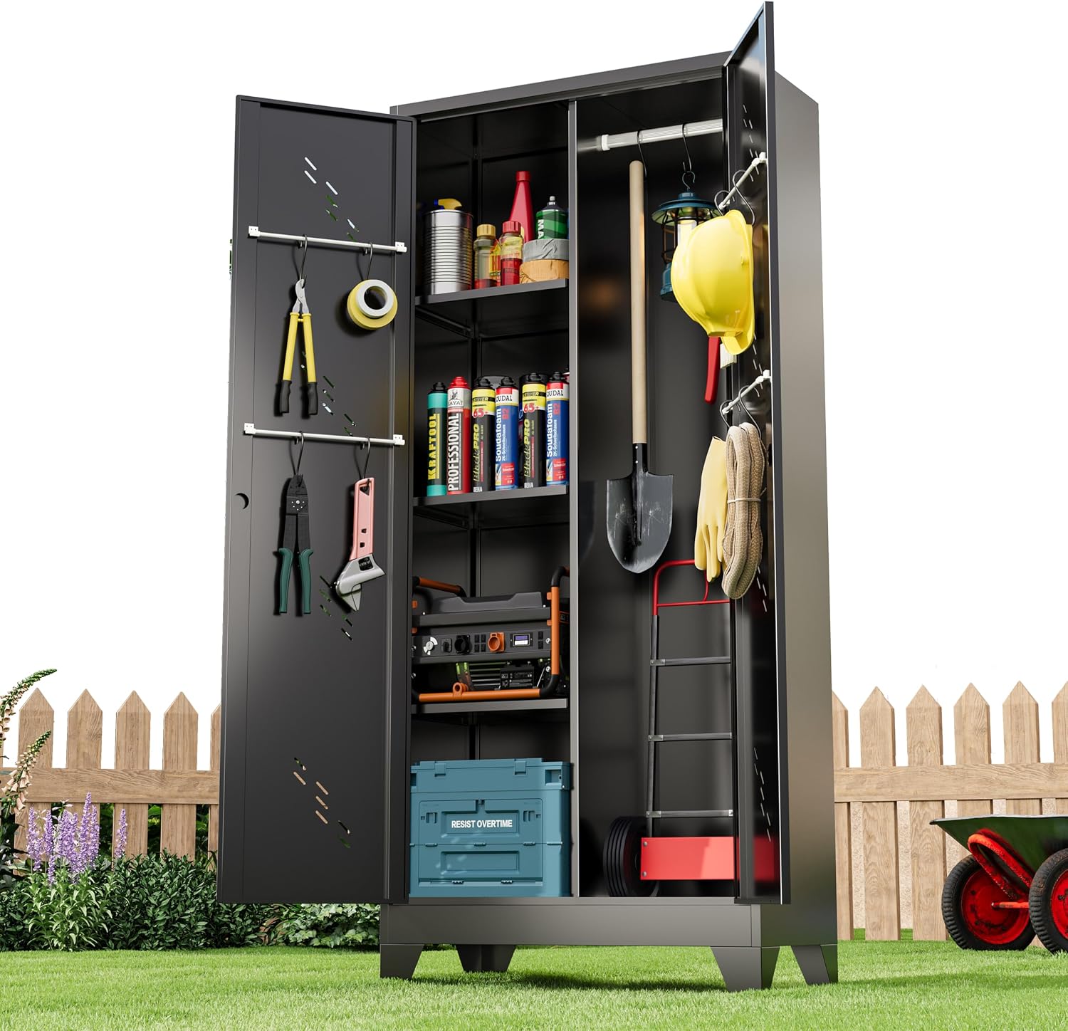 Metal Storage Cabinet 71' H, Garege Storage with Stainless Steel Bottom, Black Cleaning Supplies Organization Cabinet with Lockable Doors and Hanging Rod for Outdoor, Home Office