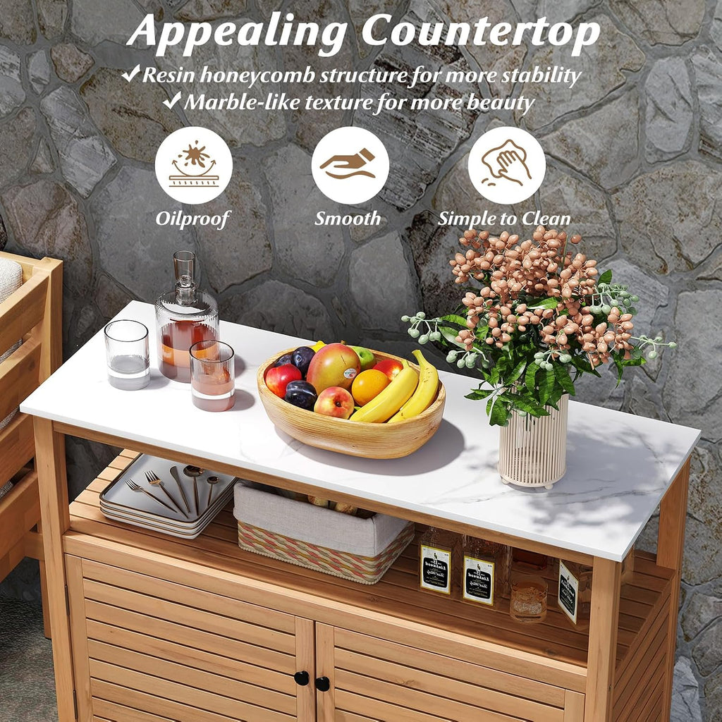 Goplus Patio Storage Cabinet, Outdoor Acacia Wood Buffet Cabinet with Marble-Like Countertop, Open Shelf & 2 Doors, Sideboard Organizer for Outdoor Kitchen, Garden, Backyard
