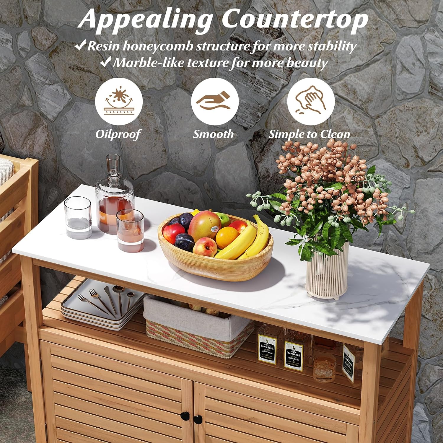 Goplus Patio Storage Cabinet, Outdoor Acacia Wood Buffet Cabinet with Marble-Like Countertop, Open Shelf & 2 Doors, Sideboard Organizer for Outdoor Kitchen, Garden, Backyard