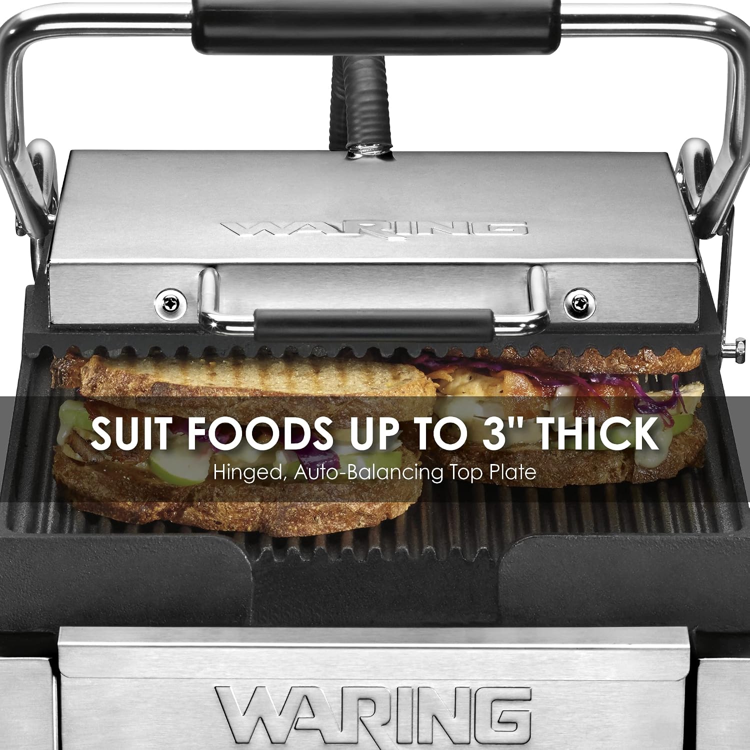 Waring Commercial WPG150 Panini Perfetto® Compact Ribbed Panini Grill, 20 Minute Countdown Timer, 208V, 2400W, 6-15 Phase Plug