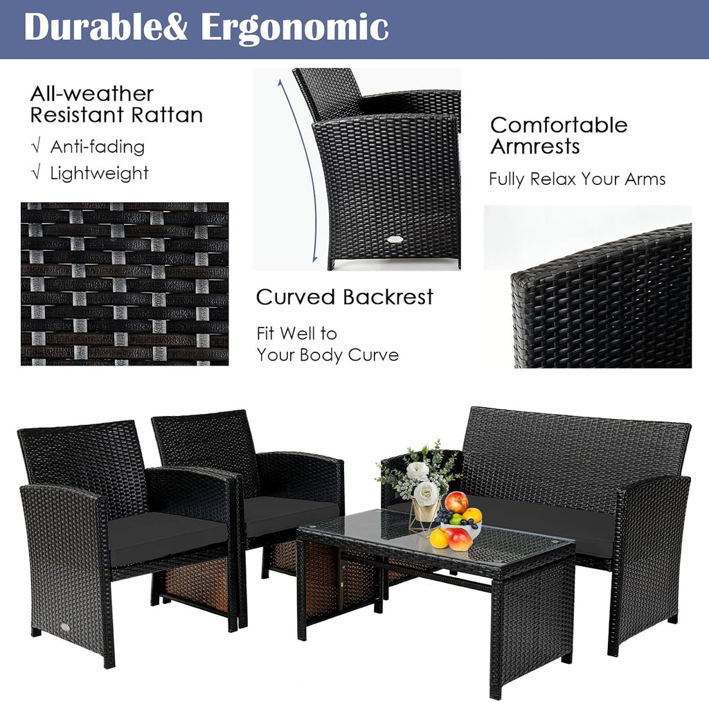 Tangkula 4 Pieces Rattan Furniture Set, Outdoor Conversation Set w/Chair & Loveseat & Tempered Glass Coffee Table, Suitable for Garden, Backyard, Poolside, Patio Furniture Set for 4 (1, Black)