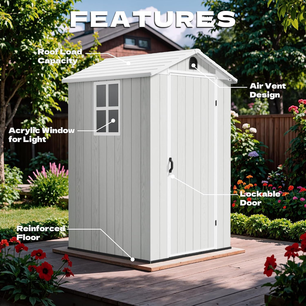 Devoko 4x4 FT Outdoor Shed, Compact & Secure Plastic Resin Storage with Lockable Door, Features Built-in Floor & Window for All-Weather Garden, Patio, and Poolside Organization, Light Gray