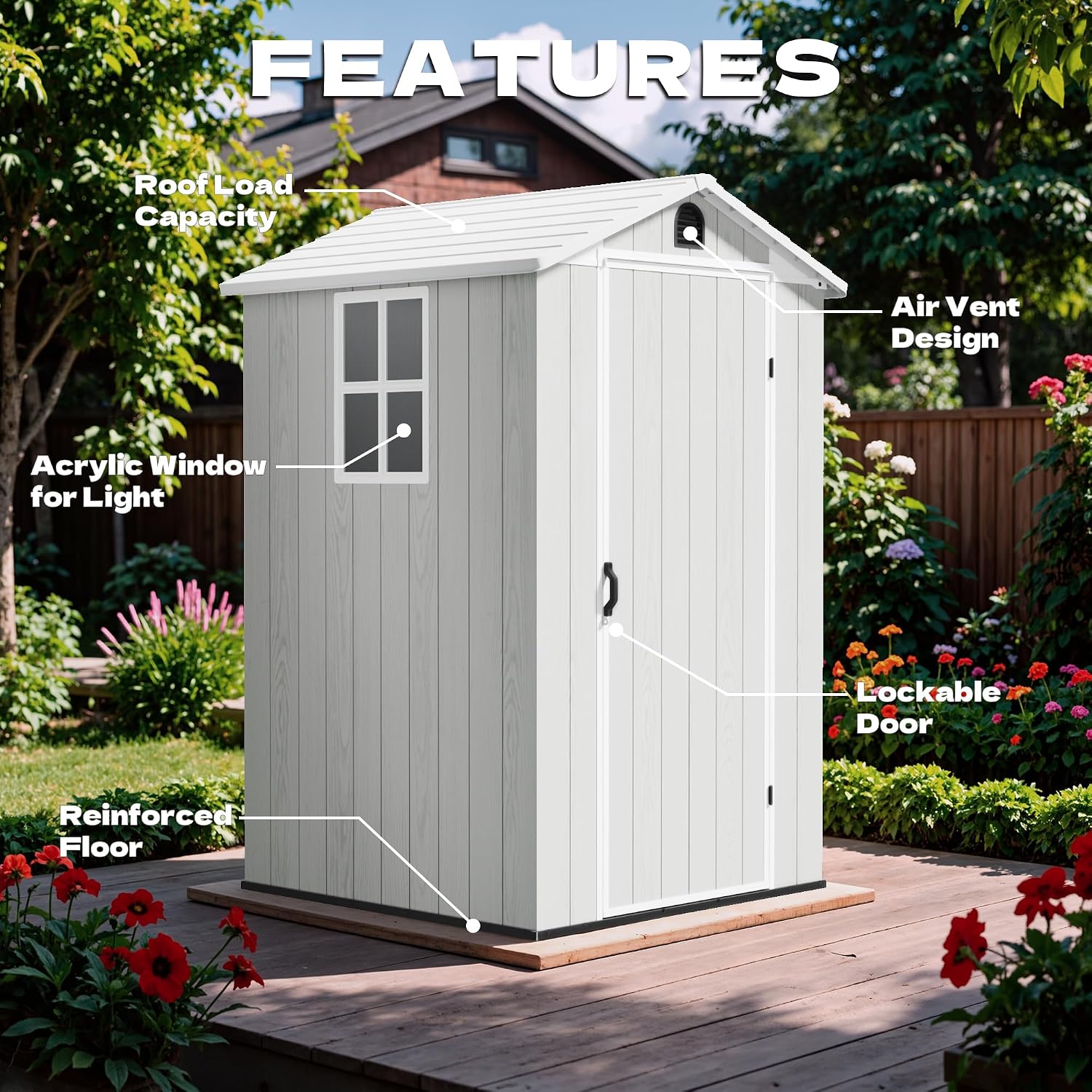 Devoko 4x4 FT Outdoor Shed, Compact & Secure Plastic Resin Storage with Lockable Door, Features Built-in Floor & Window for All-Weather Garden, Patio, and Poolside Organization, Light Gray