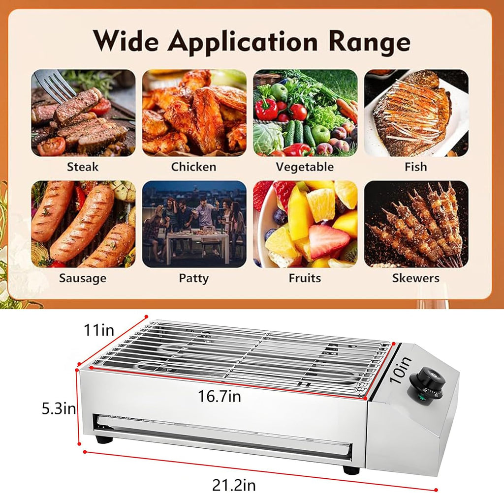 2600W Countertop Electric BBQ Grill, Commercial And Home Use Stainless Steel Barbecue Griddle Smokeless Cooking Oven for Indoor Outdoor Picnic 122° F To 572°F for Burgers Fish Steak