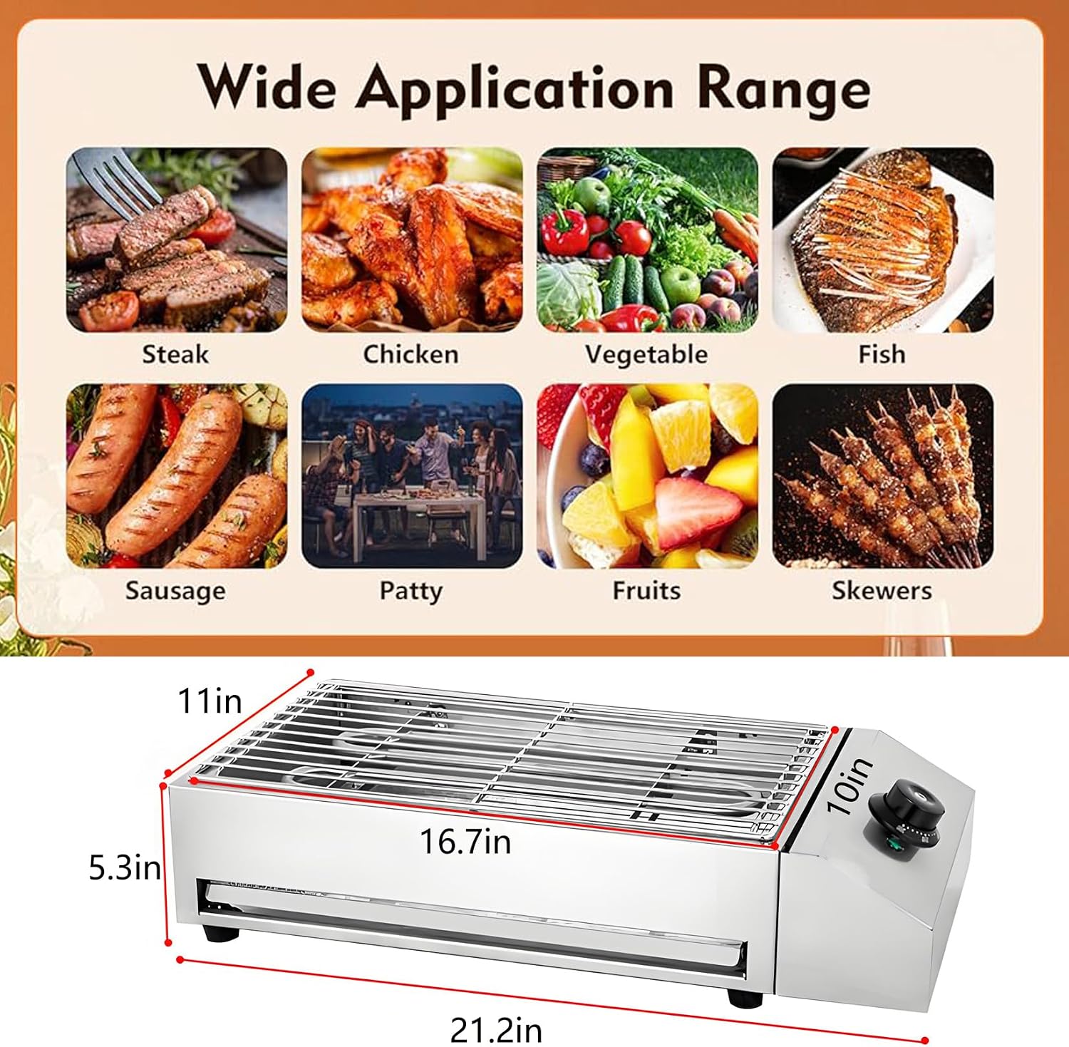 2600W Countertop Electric BBQ Grill, Commercial And Home Use Stainless Steel Barbecue Griddle Smokeless Cooking Oven for Indoor Outdoor Picnic 122° F To 572°F for Burgers Fish Steak