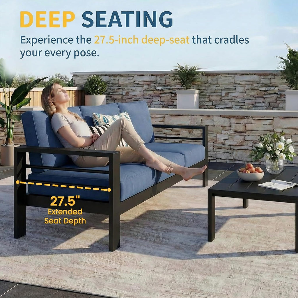 Solaste Aluminum Patio Furniture Set for All Weather, Modern Metal Outdoor Furniture Set with 27.5' Deep Seating and 3.2' Wide Armrest, Outdoor Patio Conversation Set with 10' Back Cushion, Blue