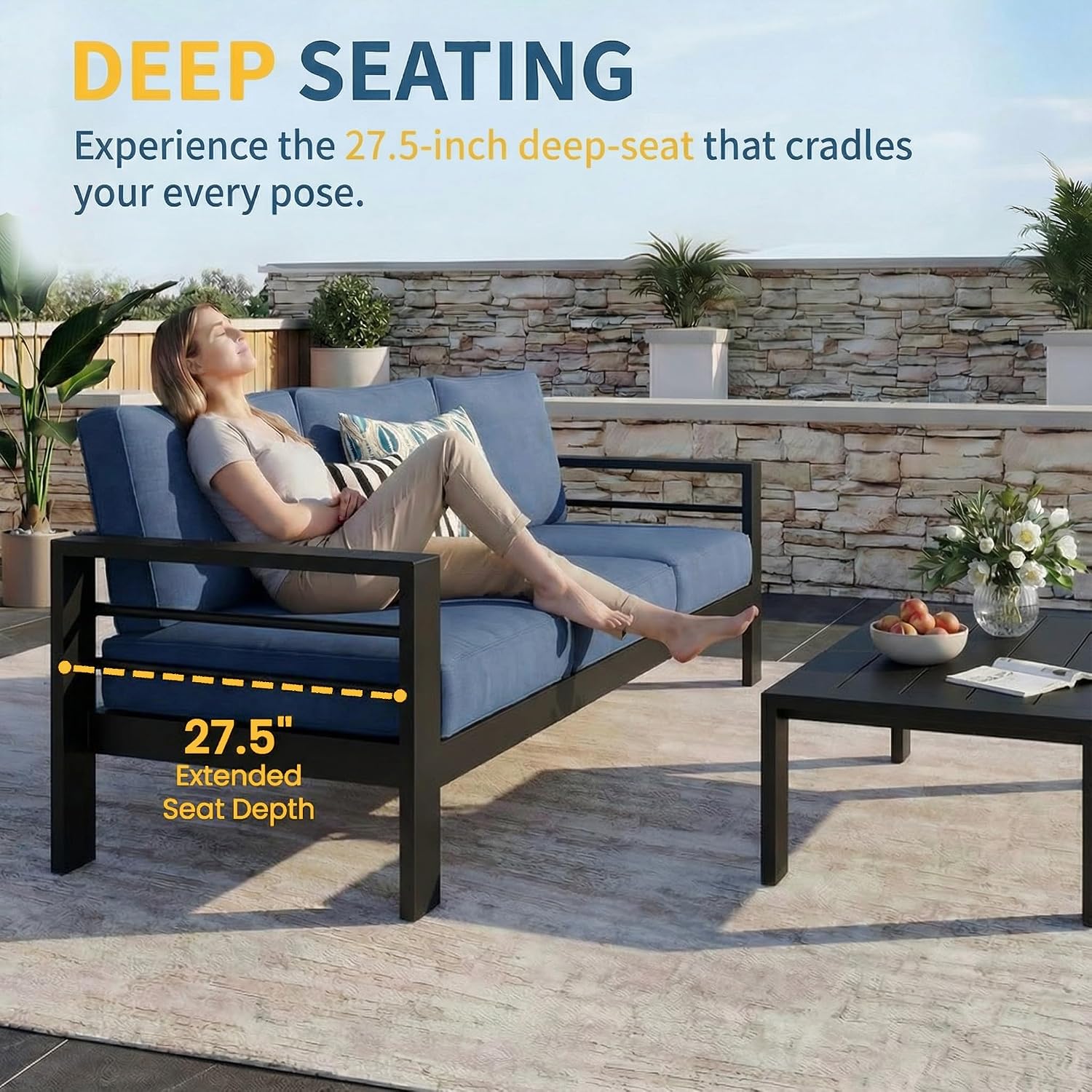 Solaste Aluminum Patio Furniture Set for All Weather, Modern Metal Outdoor Furniture Set with 27.5' Deep Seating and 3.2' Wide Armrest, Outdoor Patio Conversation Set with 10' Back Cushion, Blue