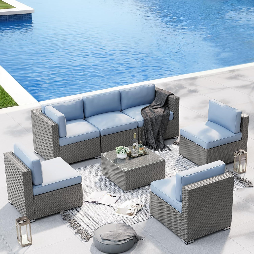 SUNCROWN Outdoor Patio Furniture Set 7 Piece Outdoor Sectional Sofa Grey Wicker Conversation Sofa Set with Coffee Table, Cushions and A Waterproof Cover, Backyard, Garden, Poolside, (Light Blue)
