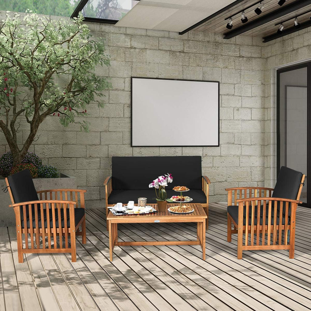 Tangkula 8 PCS Outdoor Acacia Wood Sofa Set with Water Resistant Cushions, Padded Patio Seating Chat Set w/Coffee Table for Garden, Backyard, Poolside (2, Black)