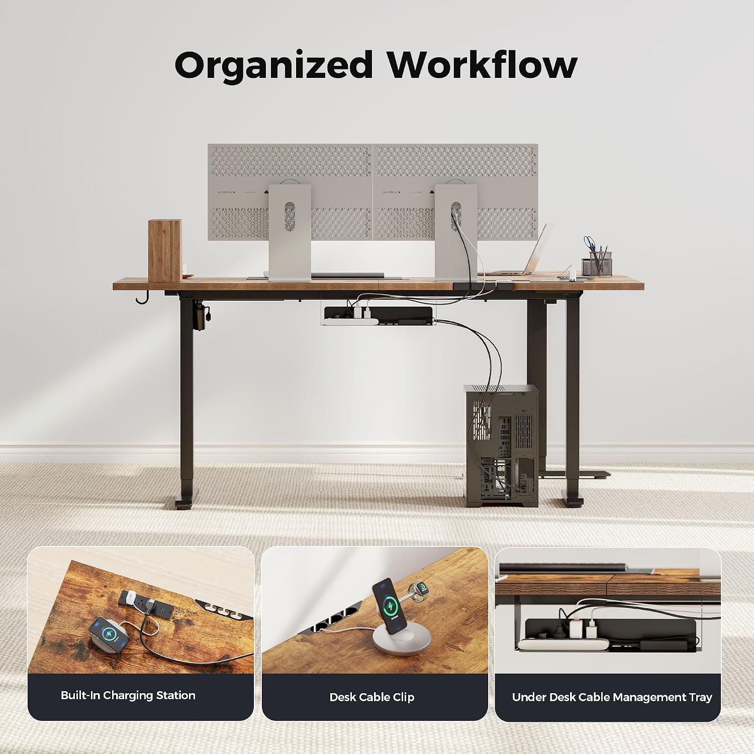 Agilestic Electric L Shaped Standing Desk 63 x 48 Inch with Power Outlet, Height Adjustable Corner Stand up Desk with Cable Management,Sit Stand Home Office Workstation with Splice Board, Rustic Brown