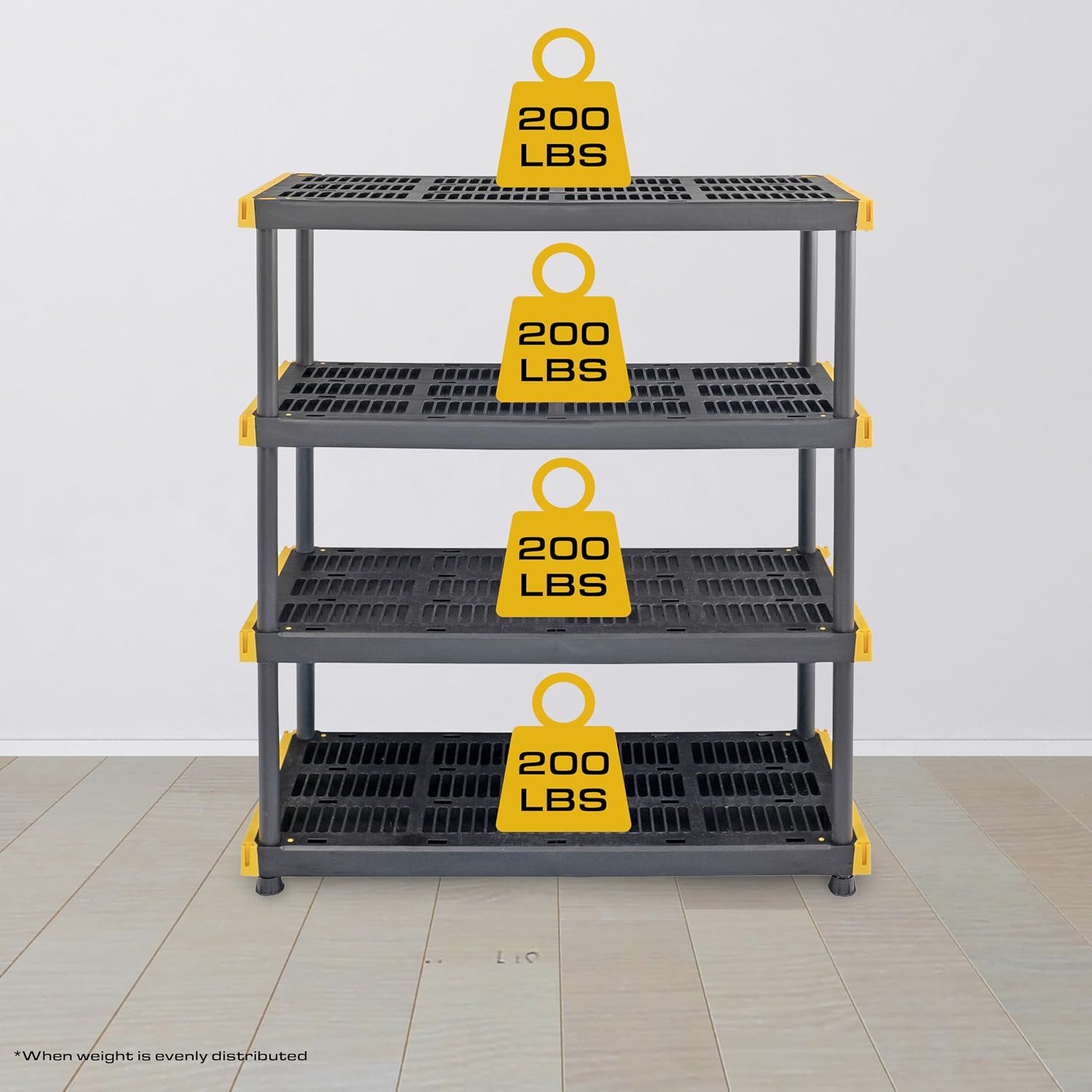 CX Black & Yellow, 4-Tier Heavy Duty Plastic Storage Shelves that Support up to 200lbs/shelf, Organization and Storage, Weather-Resistant Design, Easy Assembly (55'H x 48'W x 20'D)