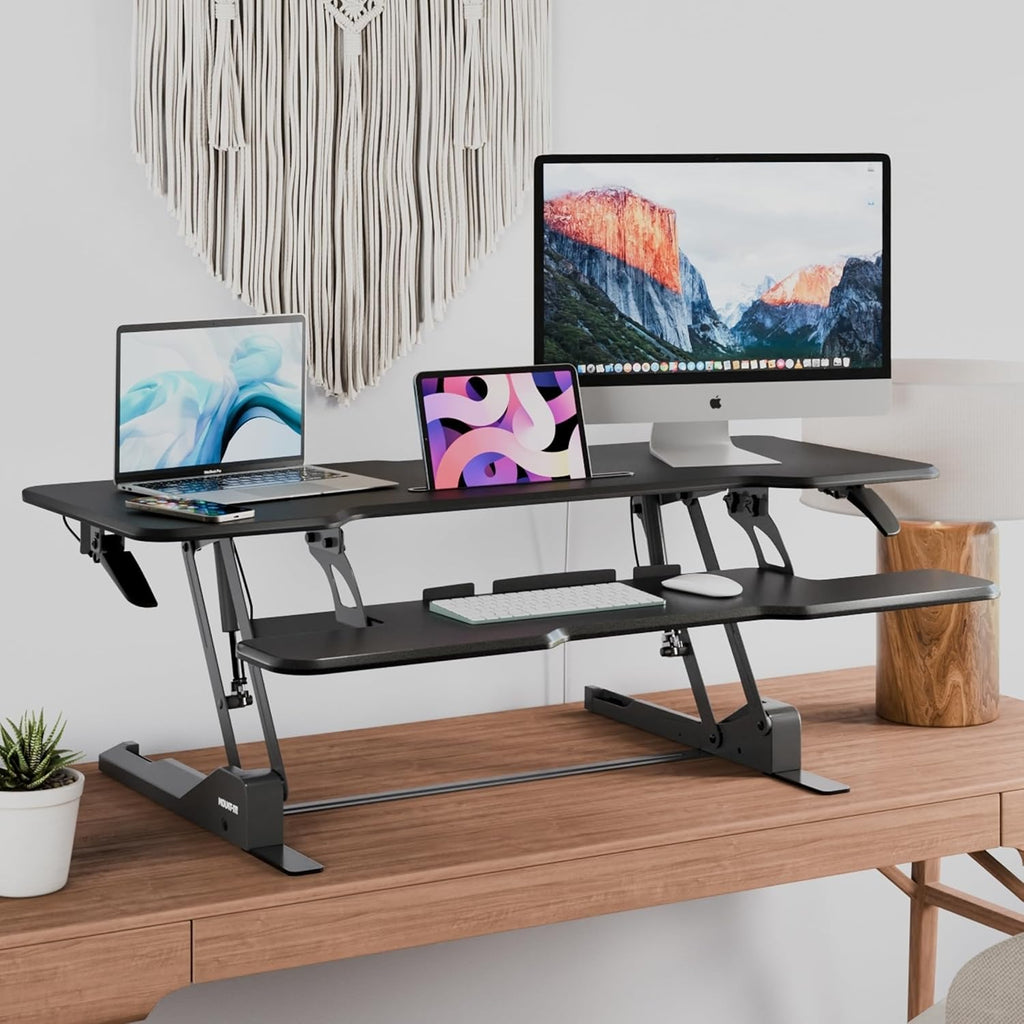 Mount-It! 47' Standing Desk Converter, XL Desktop Sit-Stand Desk Riser with Gas Spring Height Adjustment, Wide Desk Topper for Dual Monitors or Monitor & Laptop, Keyboard Tray, Black