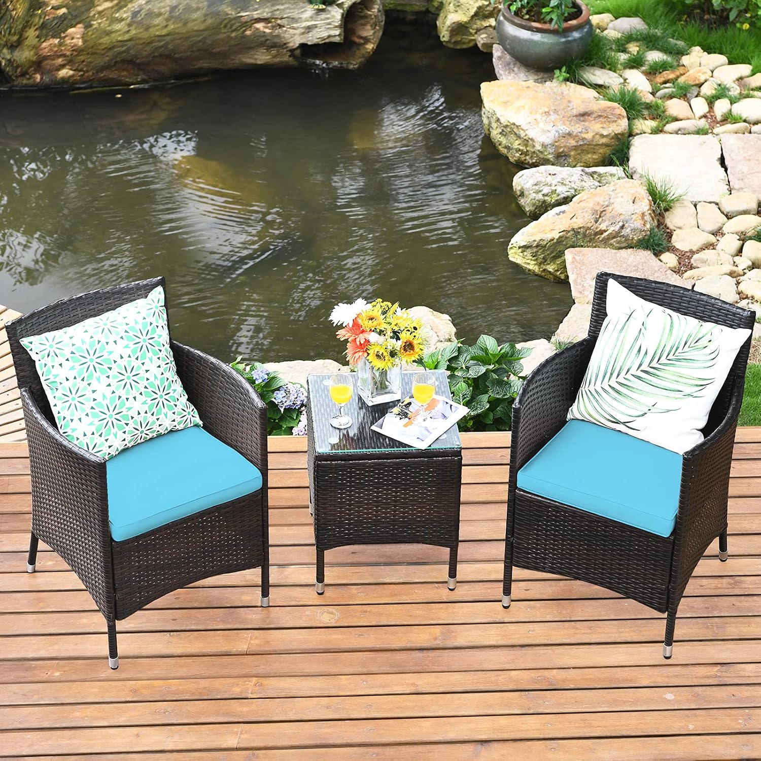COSTWAY 3 PCS Patio Furniture Set, Outdoor Wicker Conversation Set with Tempered Glass Coffee Table, Seat Cushions, Rattan Wicker Chairs for Poolside Balcony Porch Backyard, Blue